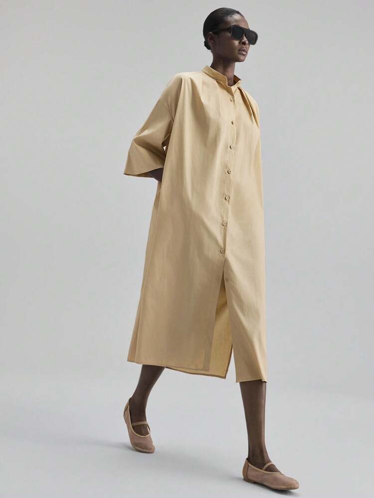 2025 Autumn Women's Solid Color Pleated Drop Shoulder Long Sleeve Single-Breasted Casual Loose Long Dress, Elegant Ladies Dress For Vacation, Beach, Music Festival, Teacher Outfit, Business Casual Office Wear