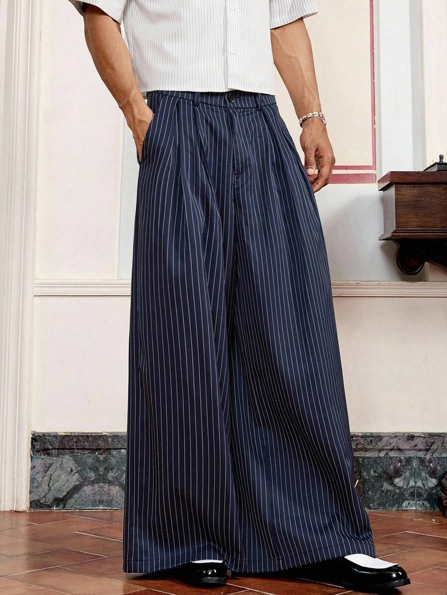 SWAVVY 男士街头时尚宽松条纹印花裤，秋季 - 藏蓝色 - 查看 1