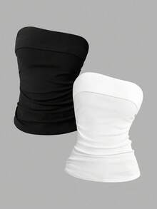 Girlism 少女黑白针织荷叶边修身吊带背心，休闲简约，甜美清凉 - 黑與白 - 查看 2