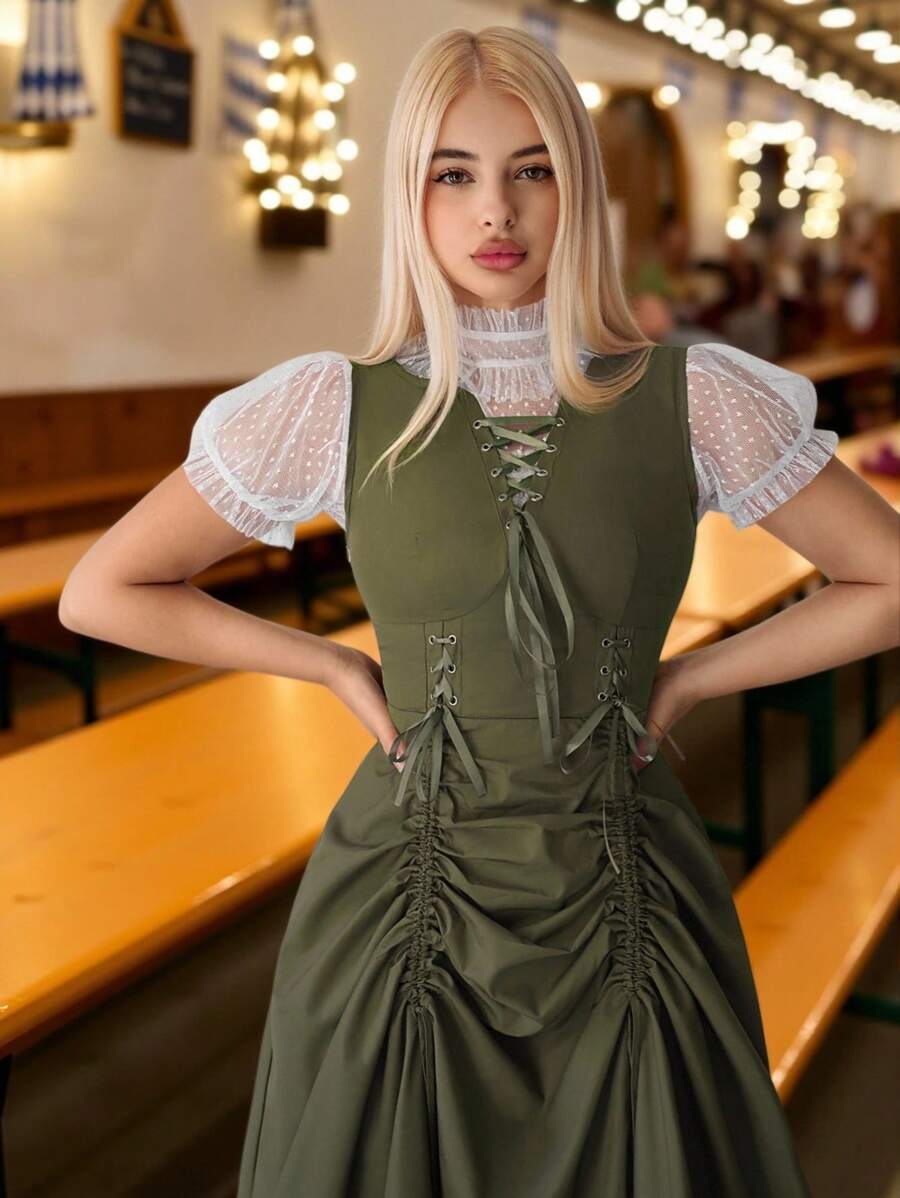 Sweetina 女士慕尼黑啤酒节无袖抽绳蝴蝶结腰部中长连衣裙 - 白色 - 查看 1