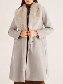 Aveloria Fur Collar Decor Luxurious Belted Long Coat, Fashionable European & American Style For Women - Light Grey - View 3