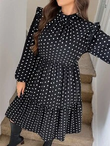 SHEIN LUNE Váy tay đèn lồng họa tiết chấm bi thường ngày và đi làm cỡ lớn - Đen và trắng - Xem 7