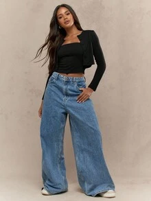 MISSGUIDED 女士短款纽扣开衫和露肩抹胸两件套分层长袖周末时尚晚装秋季服装 - 黑色 - 查看 4