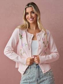 Enchnt 秋冬浪漫女士花卉刺绣长袖针织开衫，时尚优雅，适合派对、约会、节日、毕业典礼、外出、万圣节、圣诞节、秋季、新年等场合。 - 粉色 - 查看 2