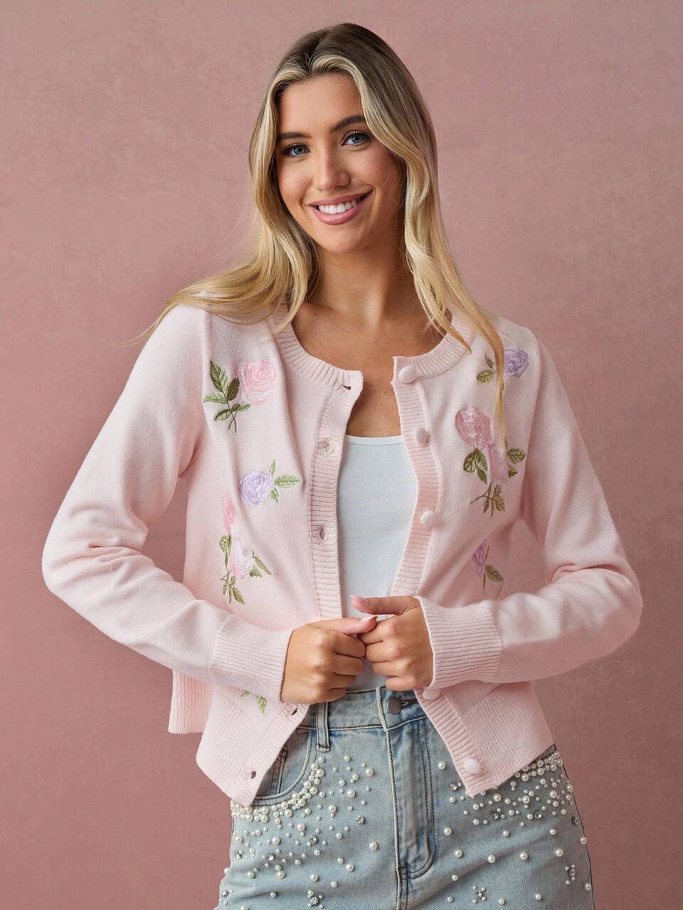 Enchnt Cárdigan de punto de manga larga con bordado floral rosa para mujer, elegante, romántico y casual, ideal para otoño, fiestas, brunch, vacaciones, citas y Halloween