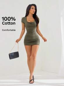 SHEIN PETITE 夏季连衣裙纯色褶皱紧身连衣裙 - 軍綠色 - 查看 3