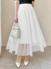 FRIFUL Women's Elastic Waist Polka Dot Mesh Skirt - White - View 3