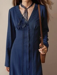 Florisole Vestido largo de manga larga con botones al frente, cintura fruncida, pliegue en la espalda y encaje en el ruedo, en color azul marino vintage, estilo campestre y escolar, para mujeres - Azul - Ver 6