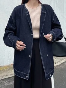 FRIFUL 女士休闲水洗落肩宽松夹克、牛仔夹克、秋季女装 - 黑色 - 查看 4