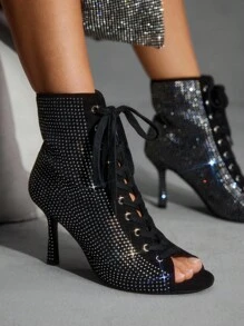 CUCCOO SZL Black Suede Rhinestone Embellished Fashion Street Style Round Toe Ankle Boots - Black - View 3