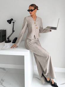 Siren Gaze 2 pièces Ensemble blouse asymétrique et pantalon pour femmes, tenue de bureau élégante, tenue d'enseignante femme, costume décontracté professionnel 2 pièces pour femmes - Nude - Voir 4