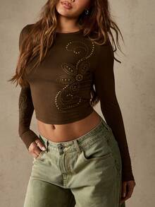 MISSGUIDED Long Sleeve Crop Top Metallic Stud Design Fitted Crew Neck Winter Fashion Holiday Party Club Night Casual Wear Y2K Style Statement