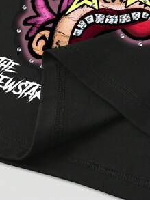 ROMWE MEN Street Life Men's Cartoon Print Round Neck Short Sleeve Casual Versatile T-Shirt, Summer - Black - View 7