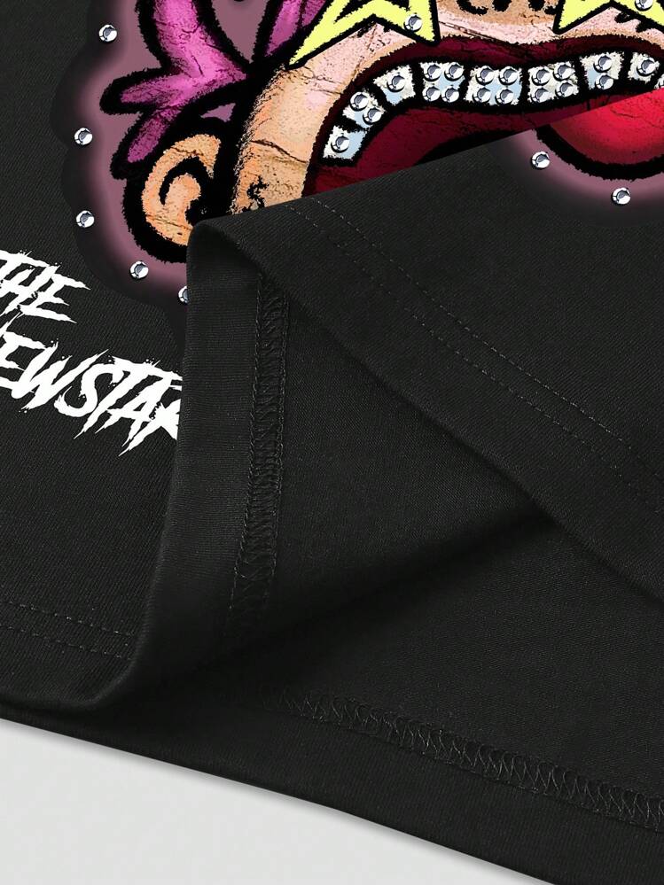 ROMWE MEN Street Life Camiseta casual de manga corta con cuello redondo y estampado de dibujos animados para hombre, ideal para el verano - Negro - Añade 7