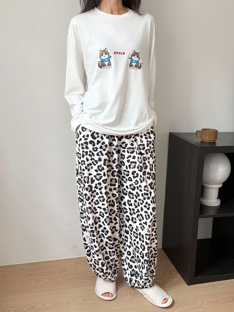2pcs Women Cat & Leopard Print Loose Long Sleeve T-Shirt And Pants Pajama Set, Fall Winter Clothes