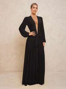 Lumalex Váy dài dành cho nữ kèm quần legging, cổ chữ V trong suốt, tay bồng, dây buộc nhún bèo, khóa kim loại có thể tháo rời và chân váy rộng - màu đen - Xem 8