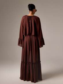 AiiRZ Elegant Long Sleeve Chiffon Maxi Dress Bohemian Style Flowing Ruffle Detail Tiered Evening Dress Wedding Guest Fall Winter Modest Full Length Gown Holiday Party - Brown - View 2