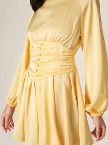 Modelyn Women's Elegant Stand Collar Ruched Waist A-Line Yellow Mini Dress - Yellow - View 4