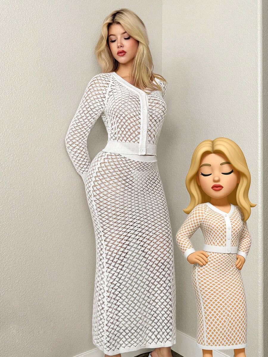 Sweetina 2pcs Fall Women's White Sheer Long Sleeve Sexy Knit Sweaters Solid Color Hollow Out Raglan Sleeve Single-Breasted Knitted Cardigan And Fitted Knitted Skirt 2 Pieces Set - Beige - View 1