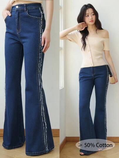 SHEIN EZwear 女式秋季深蓝色牛仔高腰喇叭裤，韩版牛仔裤，万圣节服装，女士教师服装，女士万圣节服装，女士秋季服装，商务休闲女装，Y2k 牛仔裤