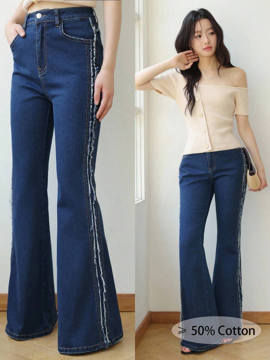 SHEIN EZwear 女式秋季深蓝色牛仔高腰喇叭裤，韩版牛仔裤，万圣节服装，女士教师服装，女士万圣节服装，女士秋季服装，商务休闲女装，Y2k 牛仔裤 - 深色水洗藍 - 查看 1