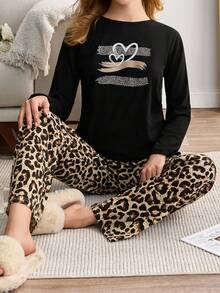 EURMUSE 女士棉质豹纹印花长袖衬衫和豹纹长裤家居服休闲套装 - 黑色 - 查看 1