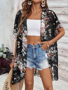 SHEIN PETITE Veste décontractée transparente à imprimé floral pour les vacances - Multicolore - Voir 1
