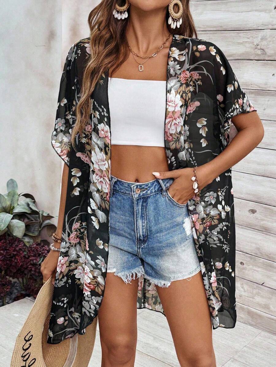 SHEIN PETITE Veste décontractée transparente à imprimé floral pour les vacances - Multicolore - Voir 1