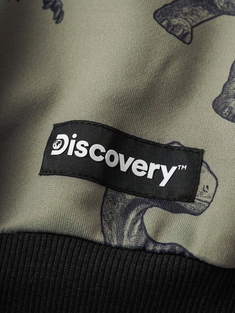 Discovery X SHEIN Sudadera holgada de cuello redondo de punto de canalé con contraste de dinosaurio de dibujos animados para niño preadolescente - Verde militar - Añade 5