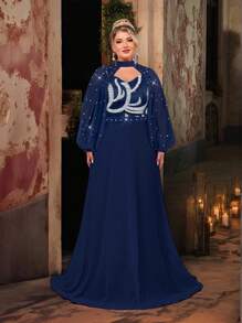 Glamrae 加大码夏季优雅浪漫甜心领可拆卸袖手工串珠奢华亮片拼接雪纺超长 A 字晚礼服 - 藏蓝色 - 查看 4