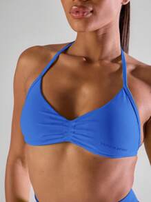 Musera Sport Solid Ruched Bust Open Back Halter Sports Bra , Active Comfy Workout Gym Running Run Clubpadel, Tennis, Pickleball