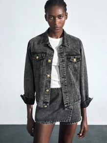 Maija Women's Black Denim Jacket Long Sleeve Coat With Gold Buttons Cool Y2K Retro Old Money Style Autumn Wear Black Jean Jacket Fall Women Clothes - Black - View 4