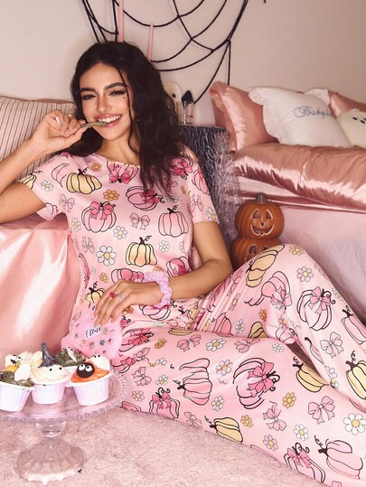 SweetSlumber Women's Cute Halloween Pumpkin, Bow & Floral Print Pajama Set Pumpkin Pajamas Cute Sleepwear Women Lounge Sets For Women Sleepwear Pajama Sets For Women Pink Cute Sleep Wear Women