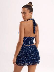 SHEIN BAE Top informal de mujer ajustado con escote halter, espalda descubierta y estampado all-over