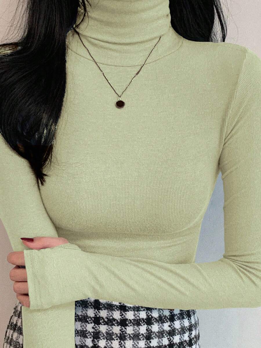 DAZY 女式休闲百搭高领紧身打底 T 恤，秋冬长袖上衣 - 綠色 - 查看 1