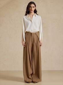 Briarwyn 女士休闲简约纯色褶皱宽松阔腿裤，百搭日常穿着，秋季服装，返校服装，复古风格女性，女士教师装，商务休闲女装工作装 - 卡其色 - 查看 6