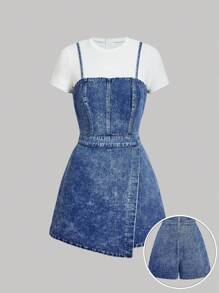 SHEIN MOD 女式圆领短袖不对称下摆休闲牛仔连体裤 - 淺色水洗藍 - 查看 1