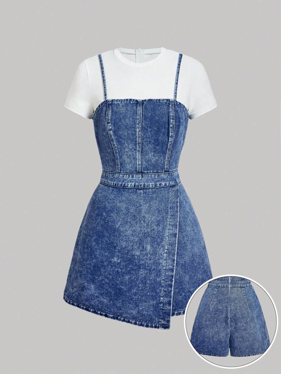SHEIN MOD 女式圆领短袖不对称下摆休闲牛仔连体裤 - 淺色水洗藍 - 查看 1