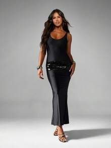 MISSGUIDED Vestido largo de fiesta con cuello de barco sin mangas, con detalle de cintura con lentejuelas, vestido de noche formal de longitud completa, ajustado al Body, para ocasiones especiales y vacaciones - Negro - Ver 4