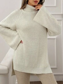 SHEIN Tall Áo len cổ lọ dáng rộng, dáng dài thoải mái, dáng rộng, dáng thu đông, chất liệu trơn, thoải mái, dáng rộng cho nữ - Màu be - Xem 4