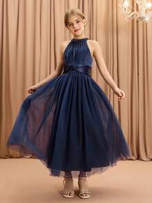 少女优雅蕾丝连衣裙，露背领，海军蓝，适合晚会、婚礼、舞会、万圣节、圣诞节等场合 - 藏蓝色 - 查看 4