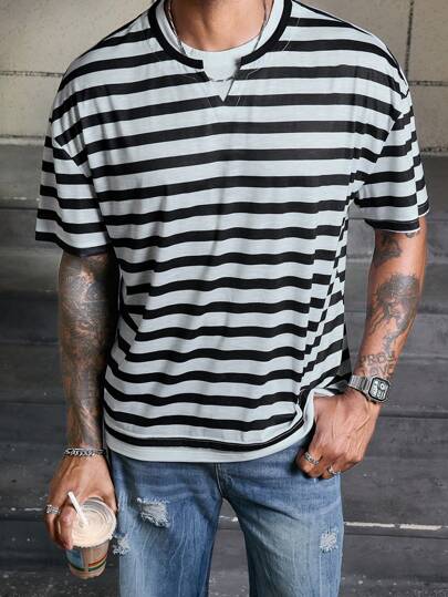 Manfinity Camiseta casual de verano para hombres de manga corta y estilo holgado con rayas
