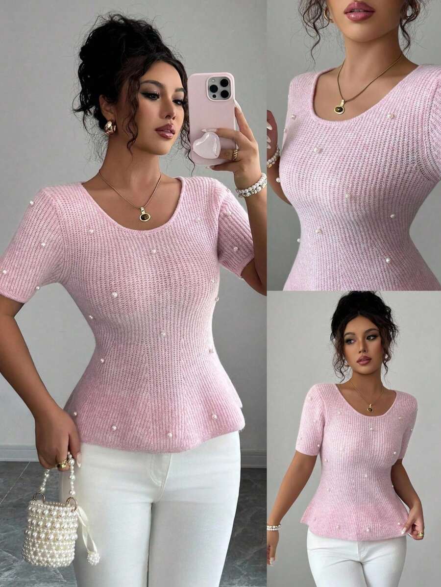 Elenzga Nouveau arrivage Top tricoté à manches courtes avec design mode à clous polyvalent pour femmes, style fille douce pour rendez-vous, automne hiver - Rose bonbon - Voir 1