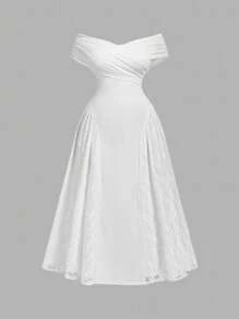 SHEIN MOD 加大码无袖圆领白色拼布纹理连衣裙，优雅通勤和派对，优雅派对连衣裙，女士生日连衣裙，派对， - 白色 - 查看 9