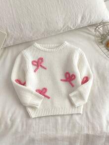 SHEIN Vintaside Kids 时尚百搭可爱蝴蝶结针织套头毛衣，适合年轻女孩，带蝴蝶结的毛衣，针织毛衣，年轻女孩毛衣，粉色蝴蝶结毛衣，女孩白色毛衣，女孩冬季服装，蝴蝶结毛衣，套头衫，蝴蝶结上衣，针织套装，女孩服装，秋冬服装 - 白色 - 查看 6