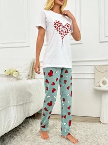 RueChic 2Pcs/Women Heart Print Top And Contrast Heart Printed Sleep Bottoms PJ Set - Multicolor - View 3