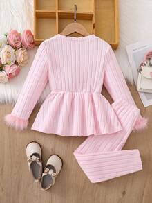 2pcs Girls Young Girl Elegant High Collar Ribbed Knit Fuzzy Fabric Long Sleeve Top And Flared Pants Set, Red, Autumn/Winter Fall - Pink - View 6