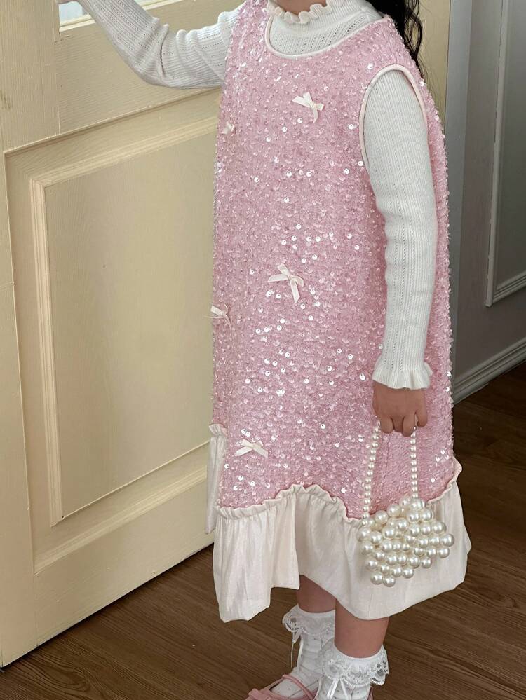 Young Girls Round Neck Sequin Bow Decor Party Birthday Mid-Length Ruffle Hem Dress