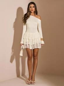 SHEIN BAE 杏色纯色针织蕾丝拼布斜肩长袖修身荷叶边下摆可爱优雅迷你连衣裙，适合生日、派对、约会、婚礼嘉宾、秋冬分层穿着 - 杏色 - 查看 6