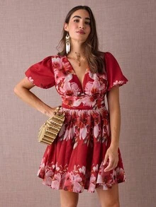 Enchnt 秋冬浪漫女式波西米亚风亚麻红色花卉印花 V 领短袖束腰迷你连衣裙 - 紅色 - 查看 5